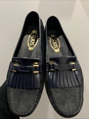 Tod's Navy & Charcoal Suede Kiltie Loafers with Gold Hardware
